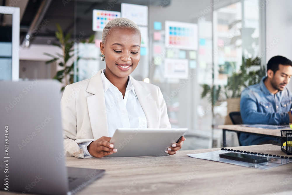 Happy woman at desk in office with tablet, laptop and reading email at design agency. Business, smil