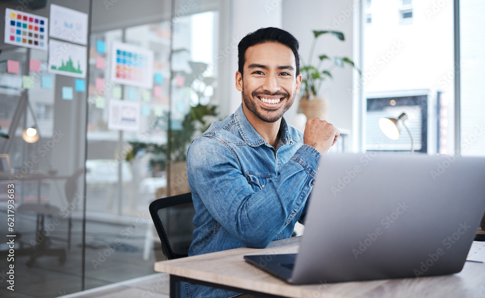 Portrait, business and man with a laptop, smile and connection with website information, advertising