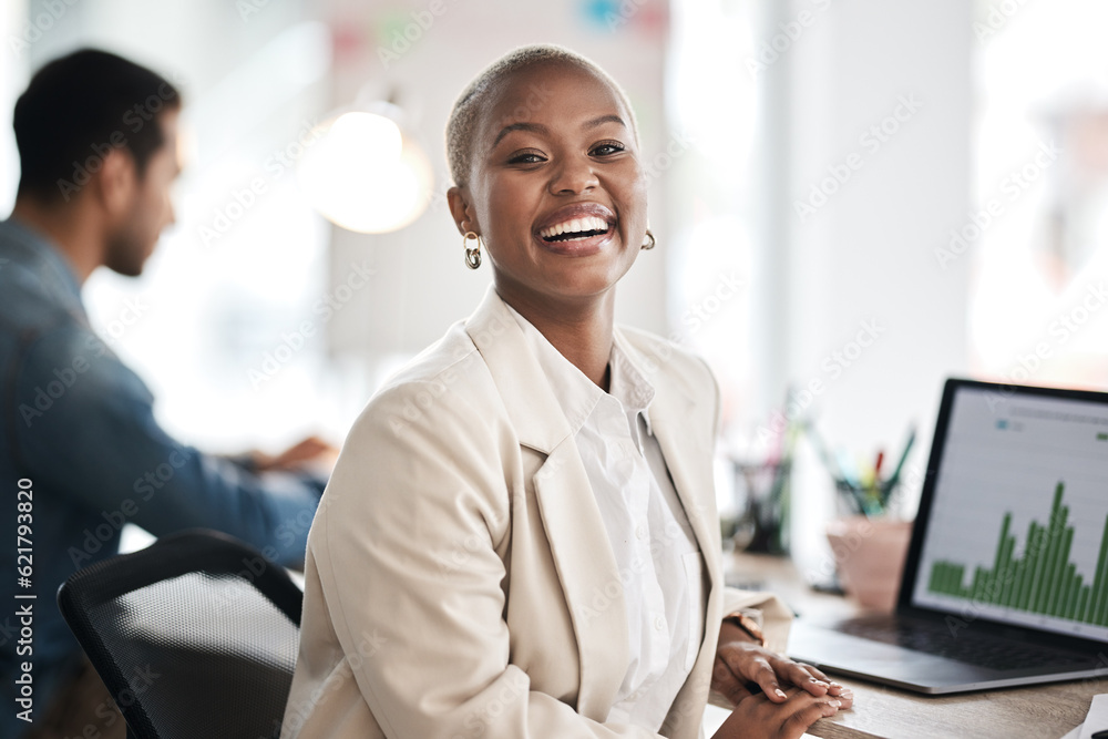 Portrait of happy woman at desk in coworking space with laptop, notes and work at design agency. Bus