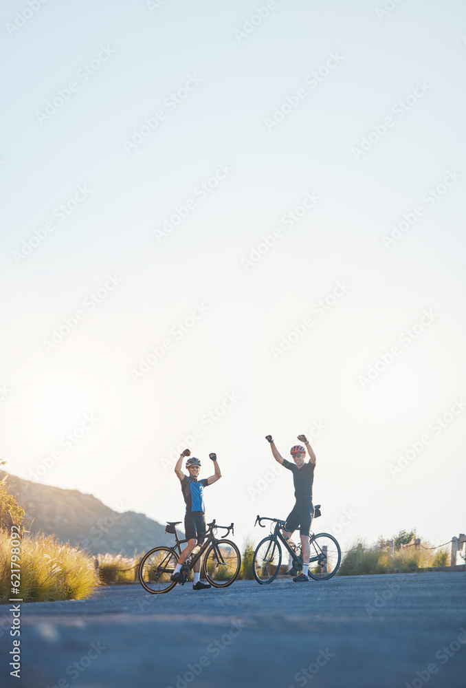 Mountain, celebration and male athletes cycling on bicycles training for race or marathon in nature.