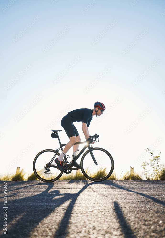 Mountain, fitness and man athlete on bicycle cycling training for a race or marathon in nature. Spor