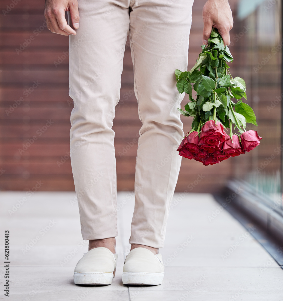 Love, legs and man with rose bouquet, romance and present giving hope for valentines day date. Roman