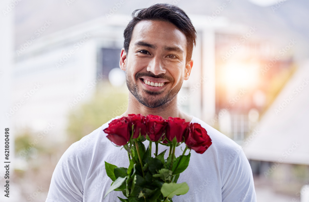 Smile, portrait and man with bouquet of roses for date, romance and hope for valentines day. Love co