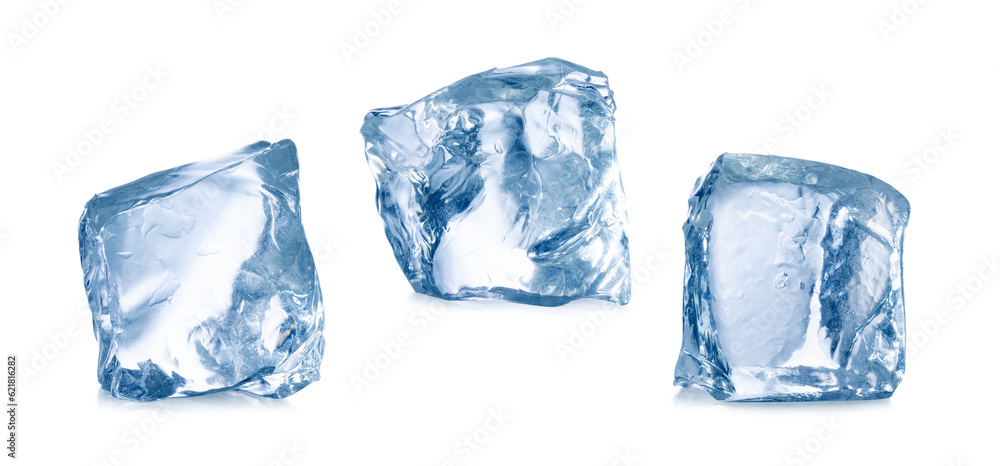 Irregular crystal ice cubes isolated on white background.