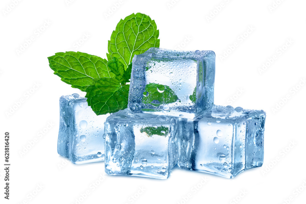 crystal ice cubes with mint leaf isolated on white background.