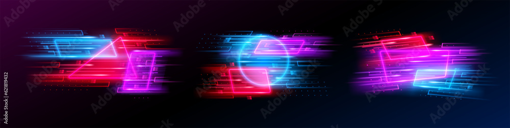 Light motion trails, neon abstract geometry figures in motion, sport moving shapes. High speed motio