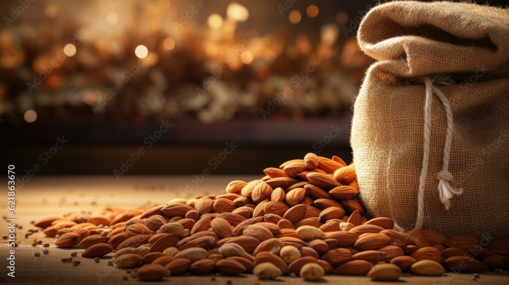 hundreds of almonds on a beautiful burlap rustic table, 3 star michelin award, accurate minute detai