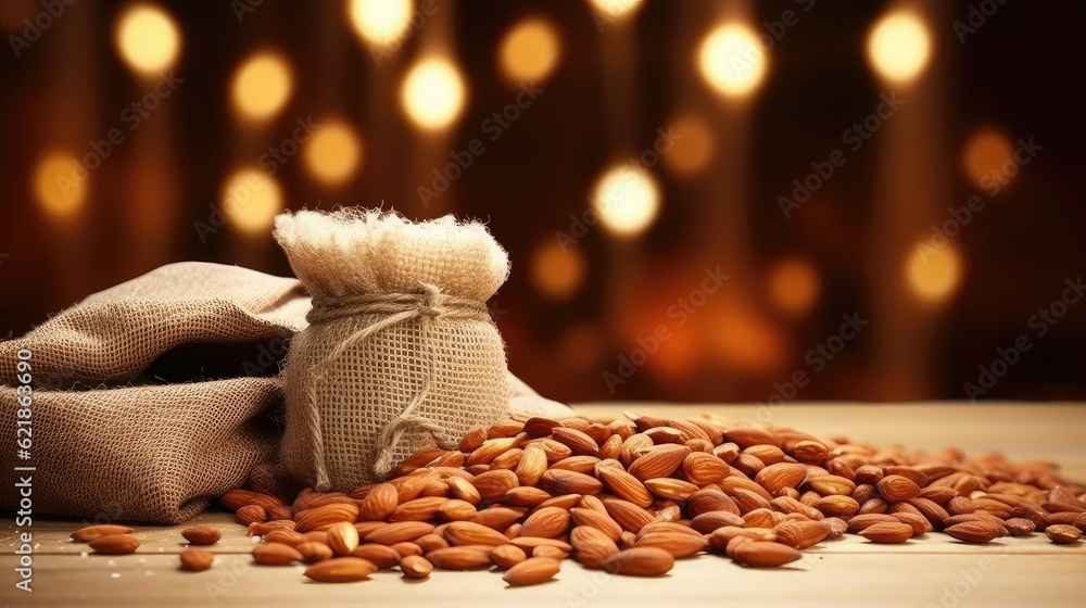 hundreds of almonds on a beautiful burlap rustic table, 3 star michelin award, accurate minute detai