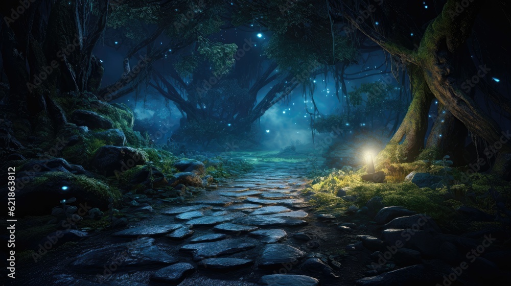 Stone path through bioluminescent fantasy forest