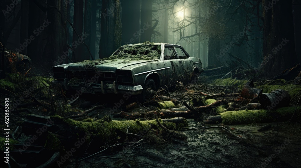 abandoned car wreck without lamps, in the middle of a dark forest with moss