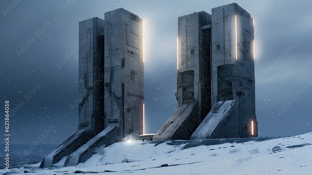 giant brutalist monolithic biomechanical concrete towers with neon holographic lightstrips in the wi