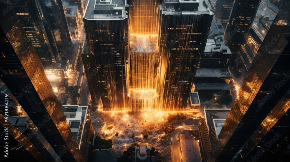 a waterfall cascades down a skyscraper, looking down from high up