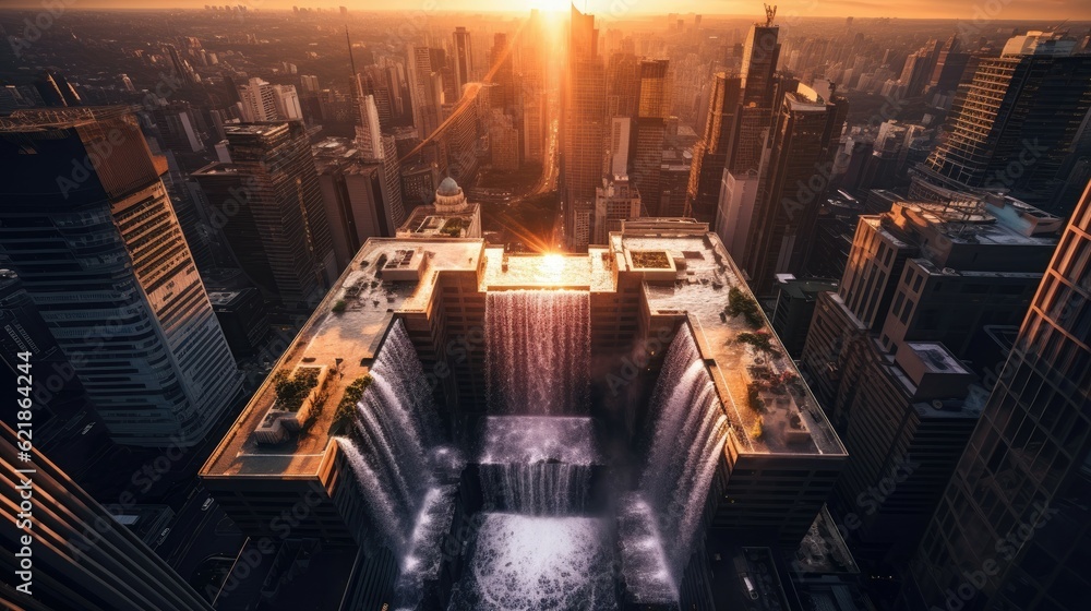 a waterfall cascades down a skyscraper, looking down from high up