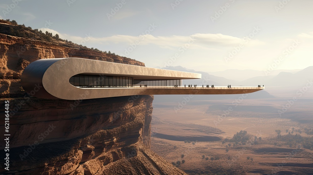 horizontal futuristic architecture on the cliff ,desert cliff mountain, impossible structure