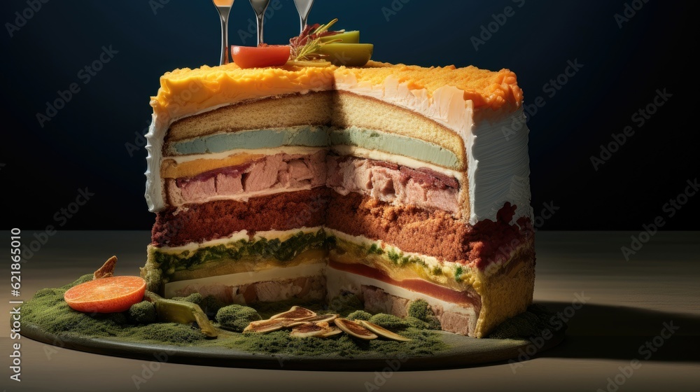 a geography themed layer cake, made with different layered elements, layers representing the stratig