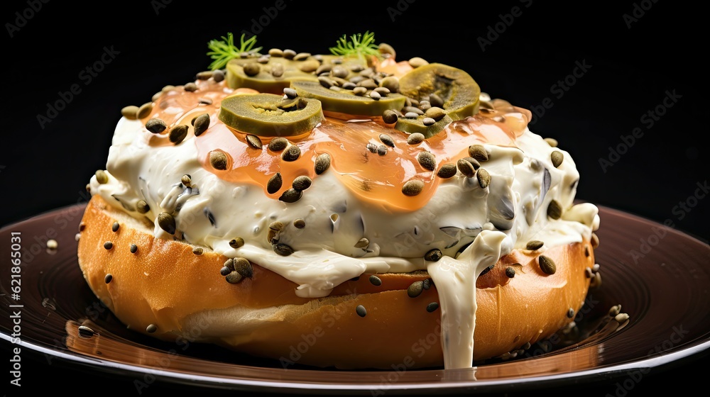 delicious bagel slathered in capers and cream cheese