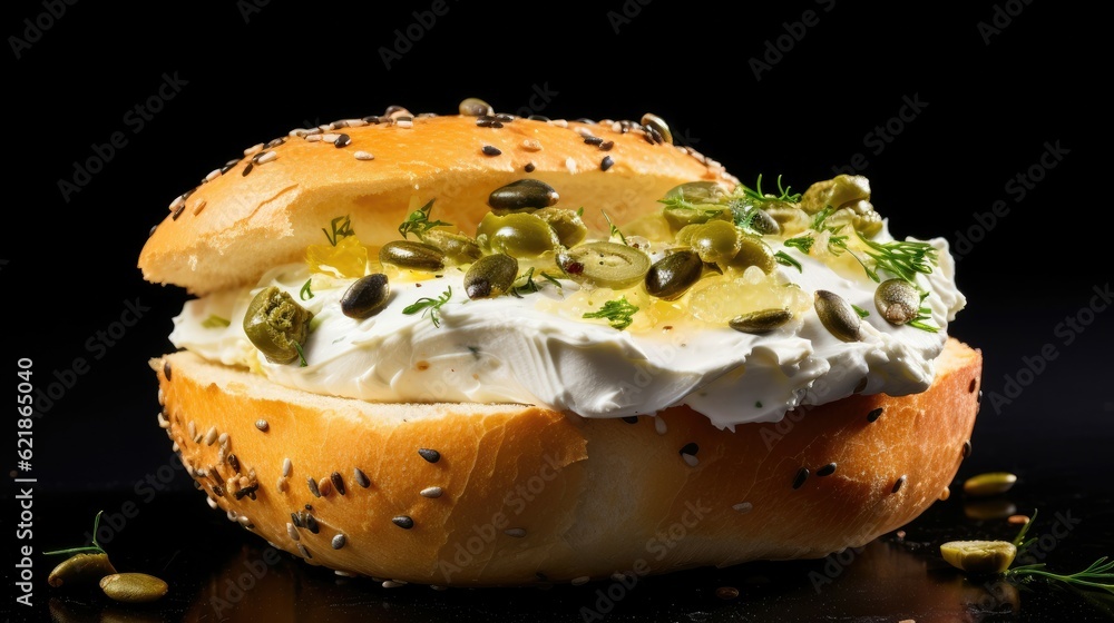 delicious bagel slathered in capers and cream cheese