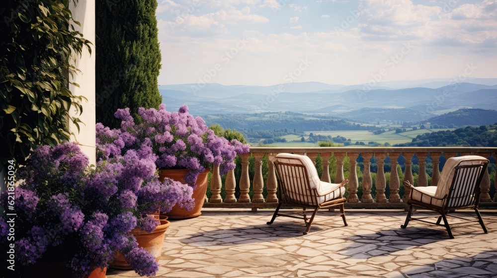 a tiled veranda with lavender shrubs overlooking Tuscany rolling hills with vinyards and country hom