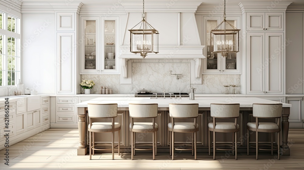 a trendy all white kitchen neutral color palette, trendy tiled hood fan, with a design-chandelier