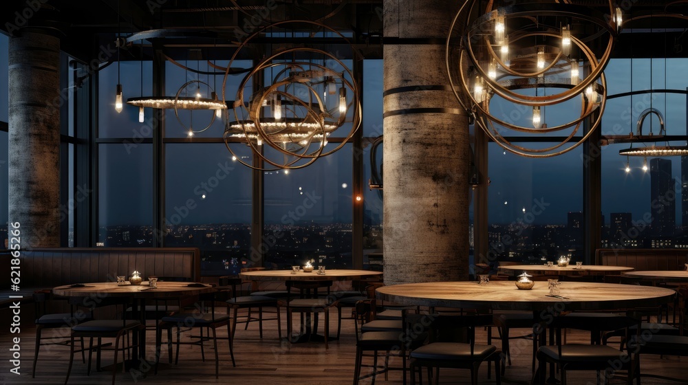 Several circular five headed chandeliers are hung in the industrial style restaurant, with several r