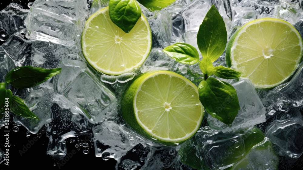 juice of lime and basil sitting on ice in cool, clear water, bio-art