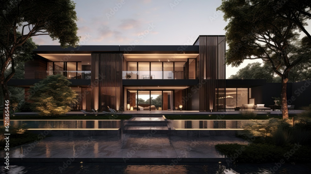 Spacious villa exterior dark modernism, sheer and opaque, nature inspired, mood lighting, linear ele