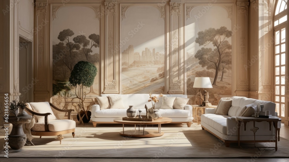 a living room with a large mural on the wall, in the style of pale palette, art deco-inspired, ameri