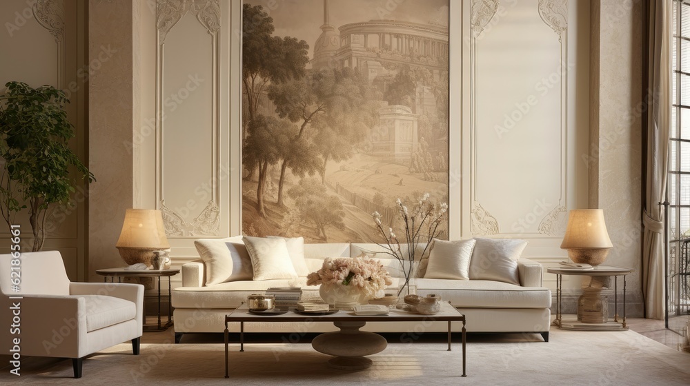 a living room with a large mural on the wall, in the style of pale palette, art deco-inspired, ameri