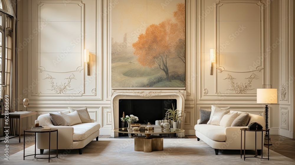 a living room with a large mural on the wall, in the style of pale palette, art deco-inspired, ameri