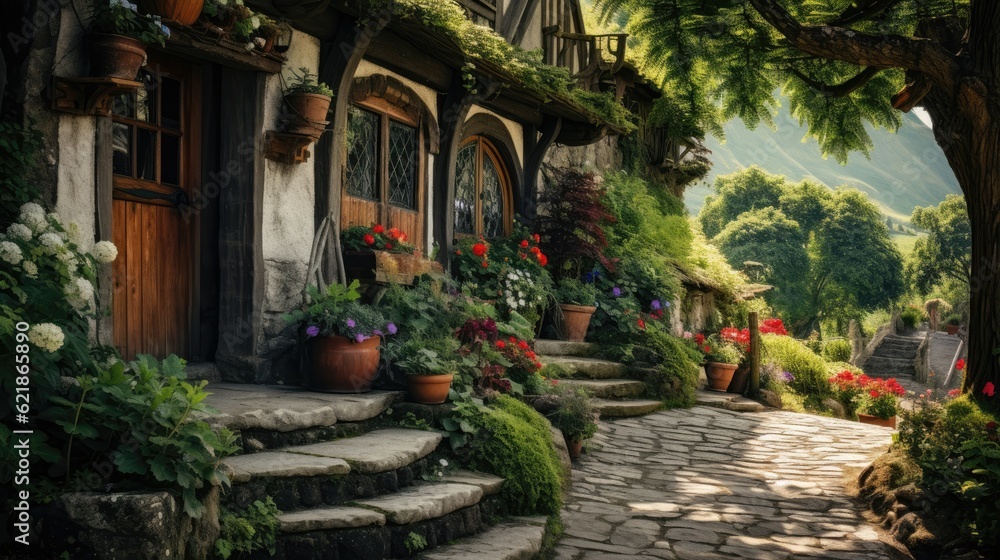 hobbit house stairs lined with potted flowers in front of buildings, idyllic rural scenes, documenta