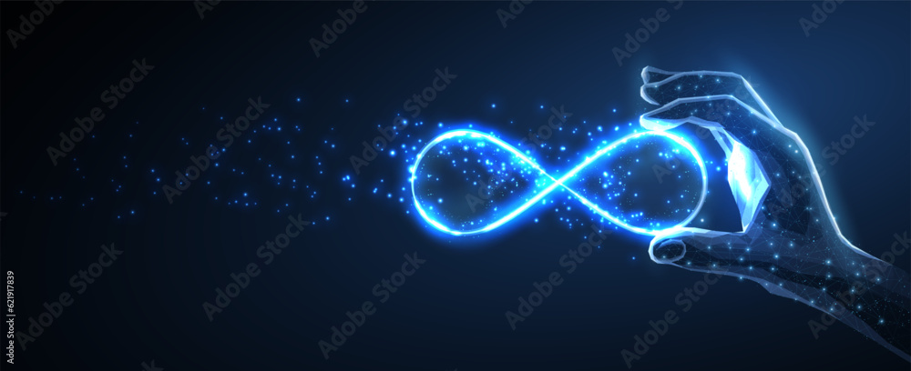 Infinity sign in digital hand. AI power, metaverse technology