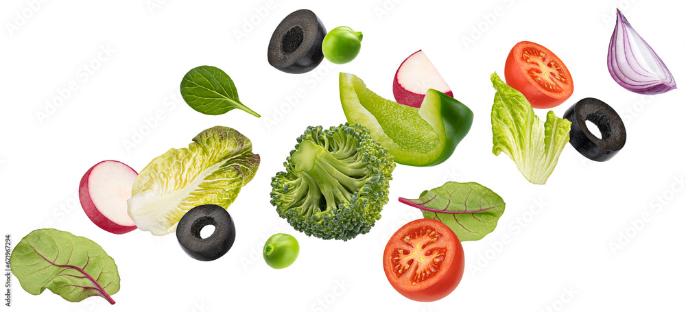 Falling vegetables, salad of bell pepper, tomato and lettuce leaves