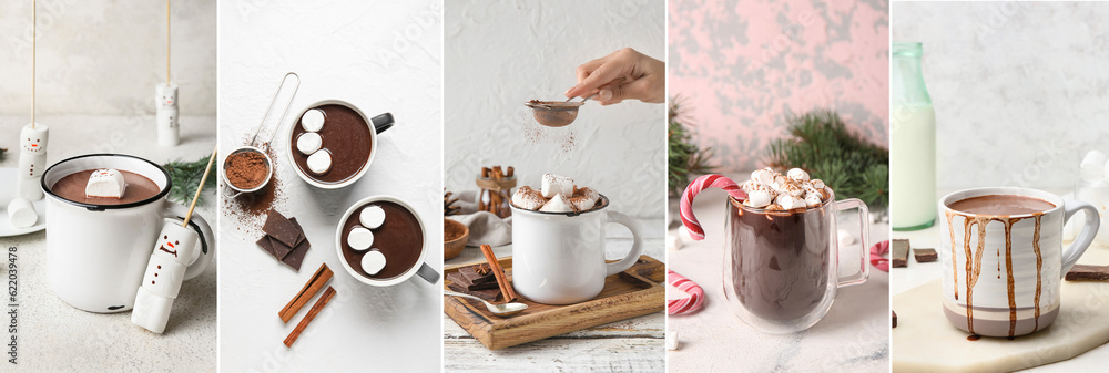 Collection of hot chocolate in cups on light background