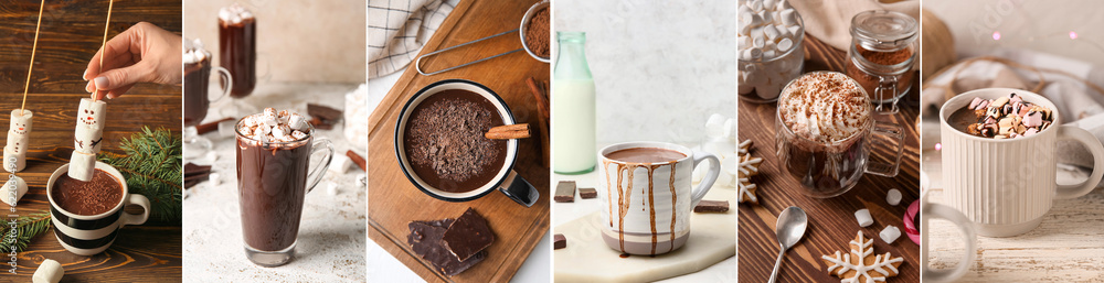 Set of hot chocolate in cups on table