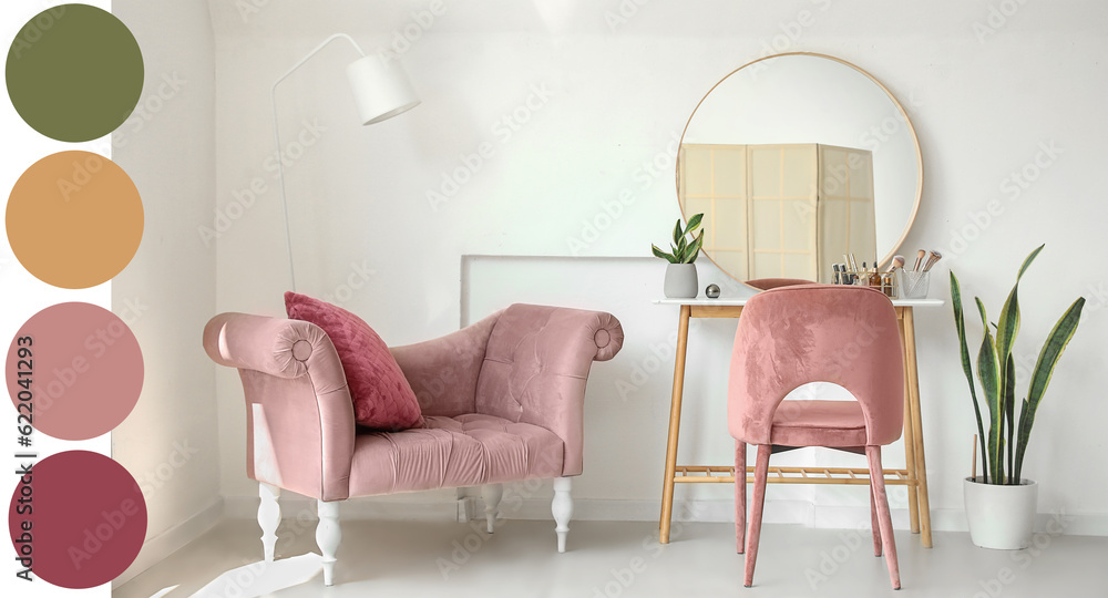 Interior of light makeup room with table, mirror and armchair. Different color patterns