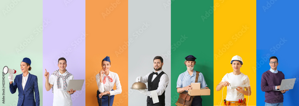 Collection of people of different professions on color background