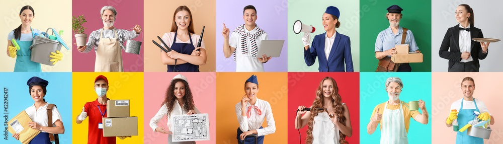 Set of people of different professions on color background