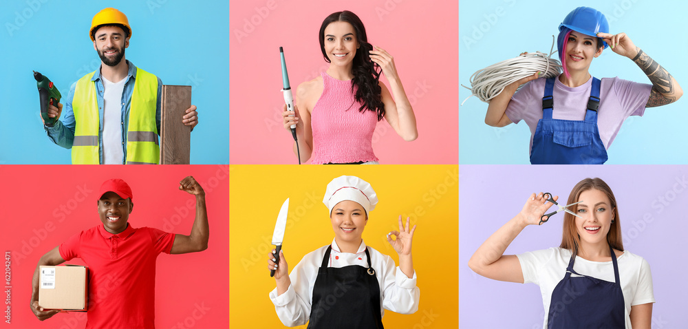 Collection of people of different professions on color background