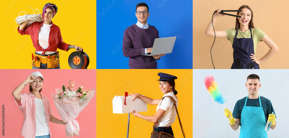 Group of people of different professions on color background