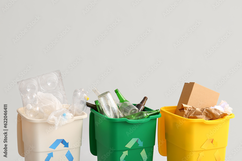 Containers with different types of garbage on light background. Recycling concept