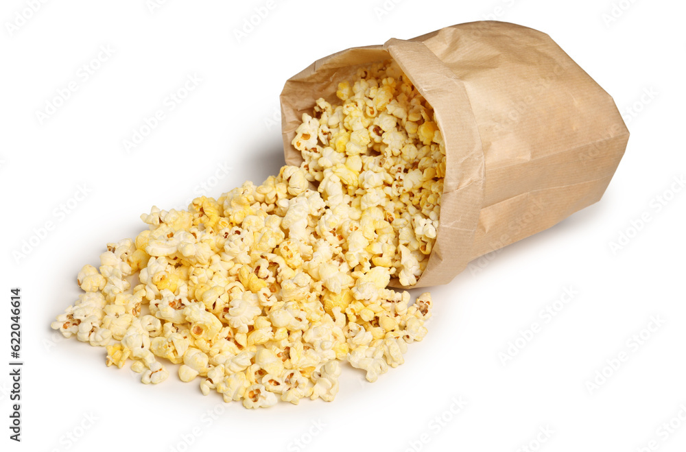 Paper bag with crispy popcorn on white background