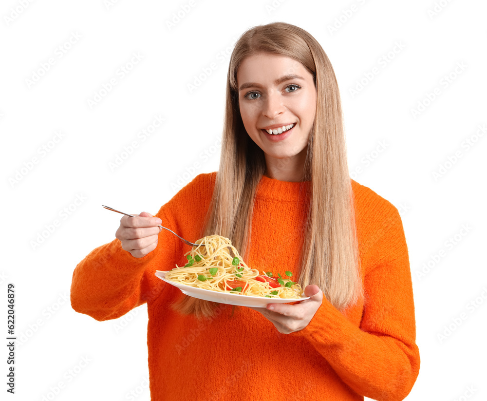 Young woman with tasty pasta on white background