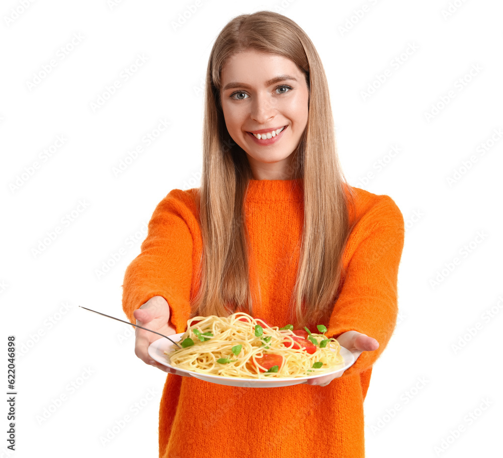 Young woman with tasty pasta on white background