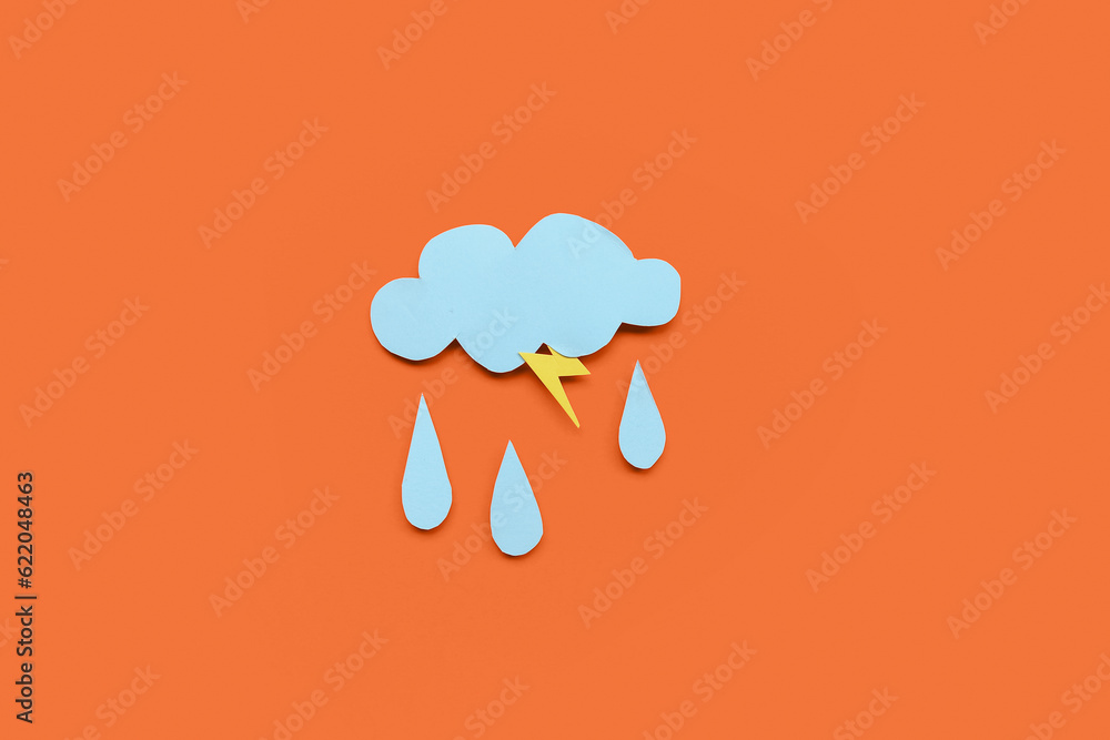 Paper cloud with rain drops and lightning on red background. Weather forecast concept