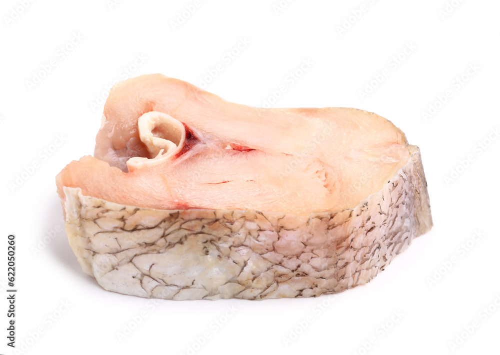 Piece of raw codfish on white background