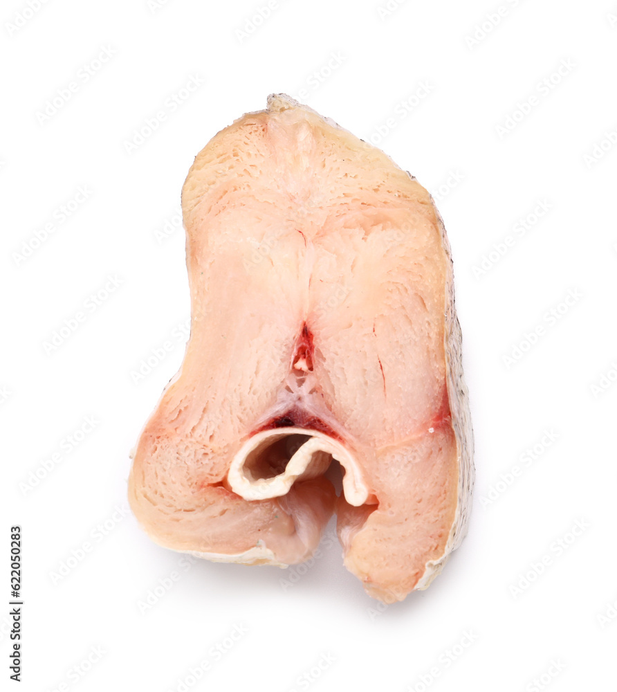 Piece of raw codfish on white background