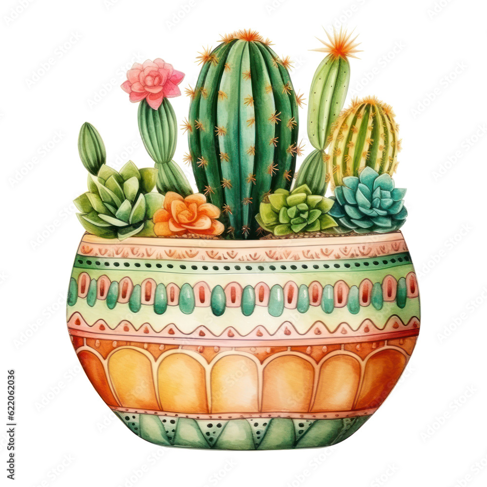 Cute watercolor cactus. Illustration AI Generative.