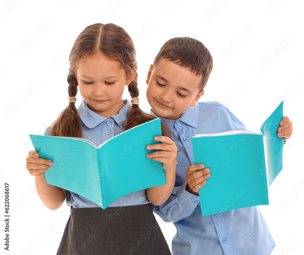 Little schoolchildren with copybooks on white background