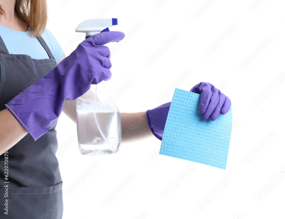 Young woman with bottle of detergent and rag on white background, closeup