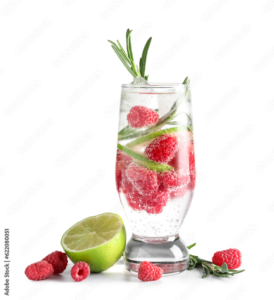 Glass of fresh raspberry lemonade with lime and rosemary on white background